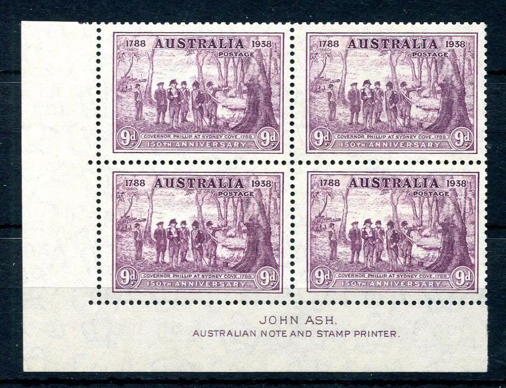 1937 9d NSW Sesqui John Ash imprint corner block. ... Image 1++