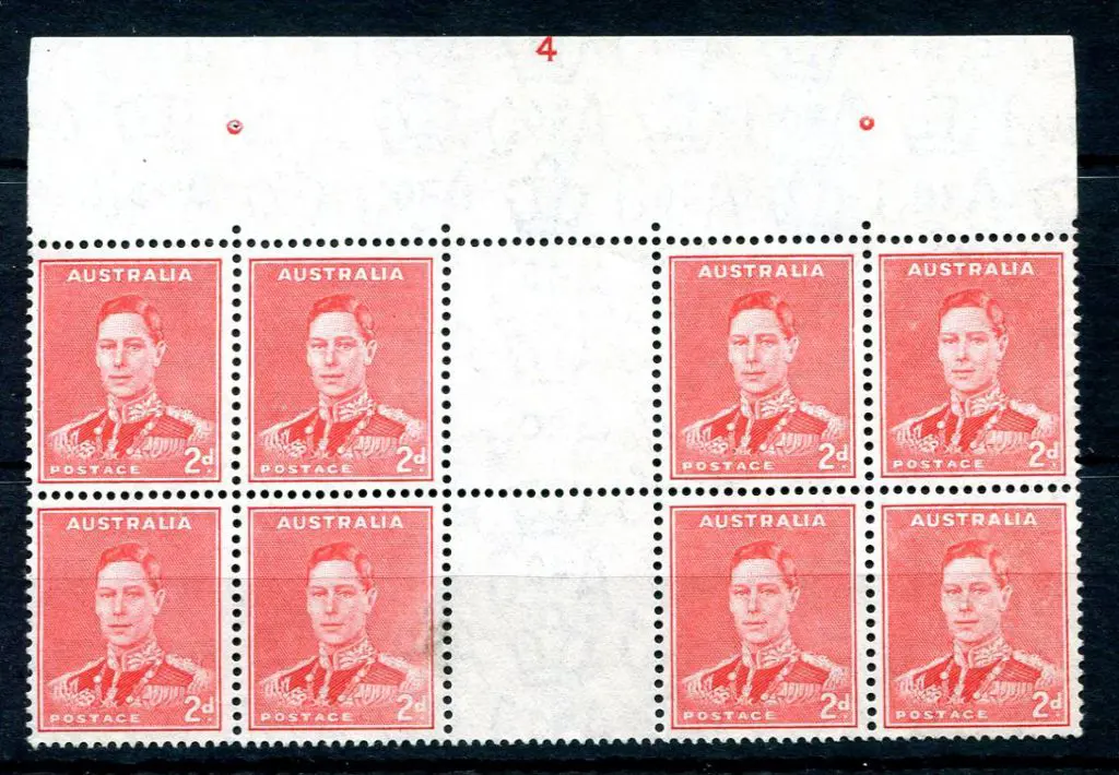 1938 2d scarlet KGVI top centre selvedge block of ... Image 1++