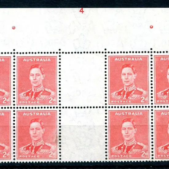 1938 2d scarlet KGVI top centre selvedge block of ...