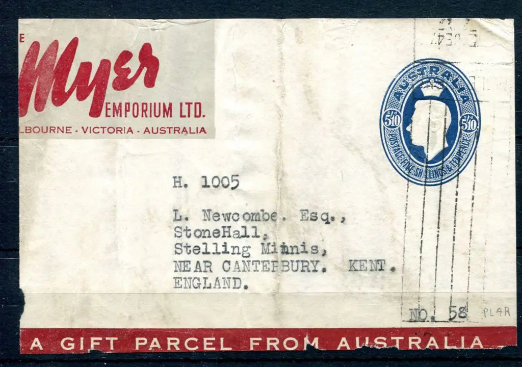 1946 5/10d blue KGVI embossed Myer Food Parcel ... Image 1++
