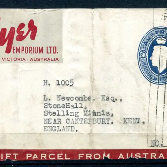 1946 5/10d blue KGVI embossed Myer Food Parcel ...