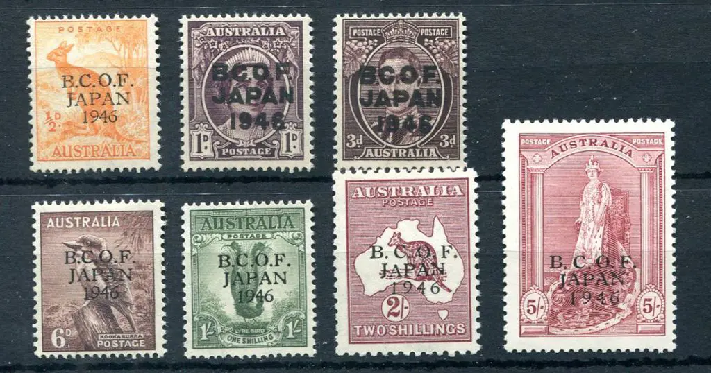 1946 BCOF set of 7 to 5/- Robes on thick paper. ... Image 1++