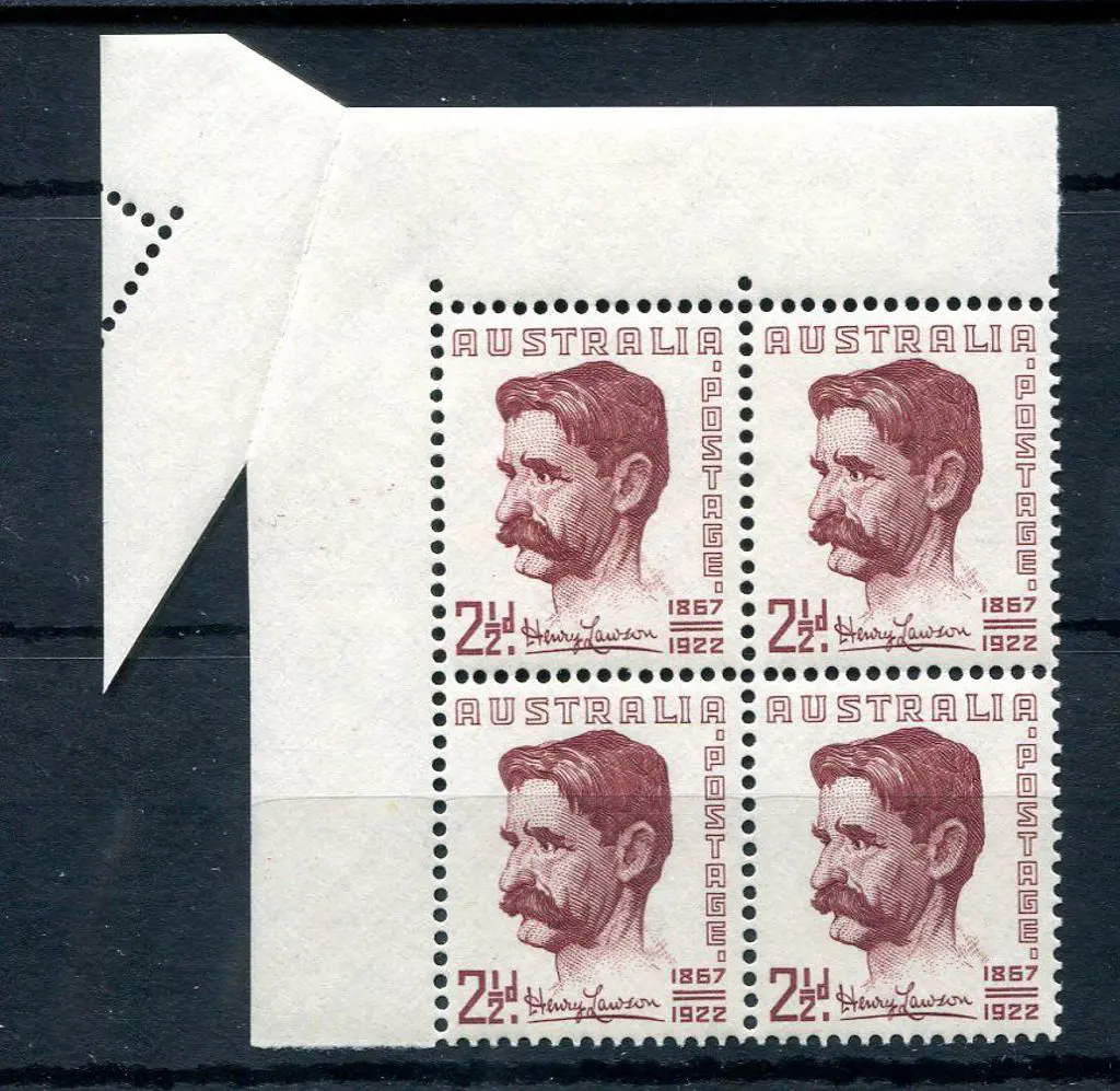 1949 2½d Henry Lawson top left selvedge block of 4 ... Image 1++