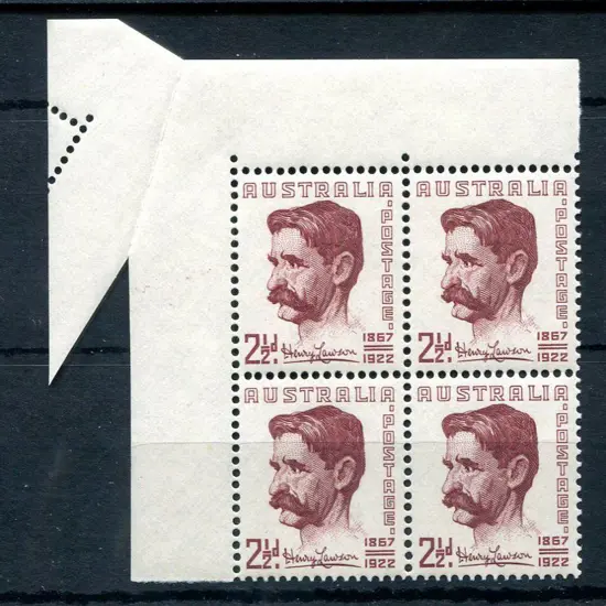 1949 2½d Henry Lawson top left selvedge block of 4 ...