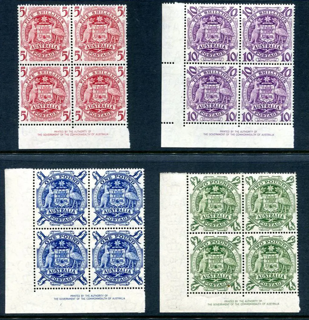 1949/50 Arms in imprint blocks of 4. £2 is lightly ... Image 1++