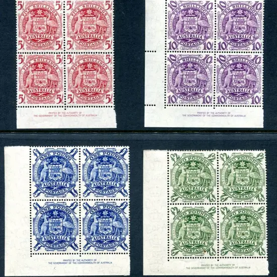 1949/50 Arms in imprint blocks of 4. £2 is lightly ...