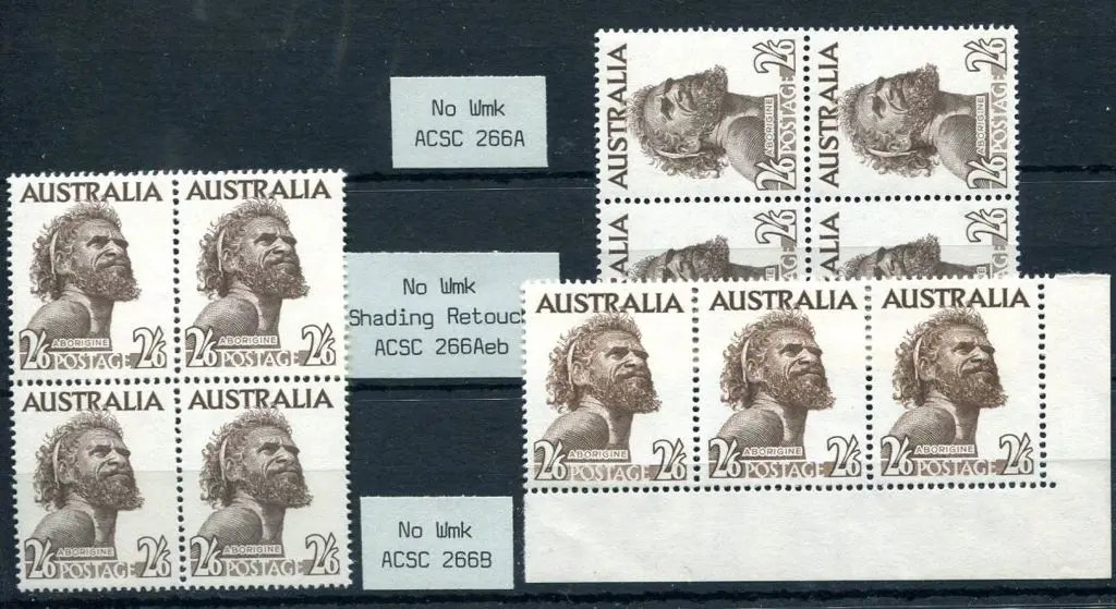 1952/66 2/6d Aborigine, no wmk blocks of 4 (ACSC ... Image 1++