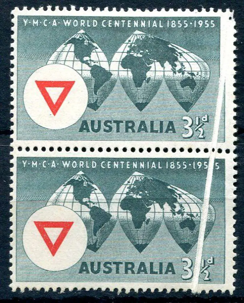 1955 3½d YMCA vert pair with stunning pre-printing ... Image 1++