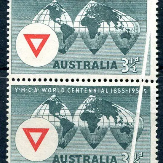 1955 3½d YMCA vert pair with stunning pre-printing ...