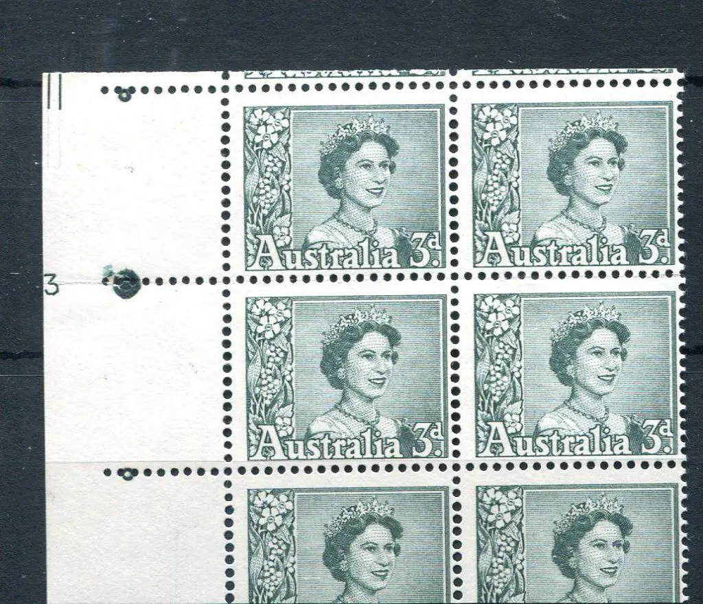 1959 3d blue-green QEII in left selvedge Plate No. ... Image 1++