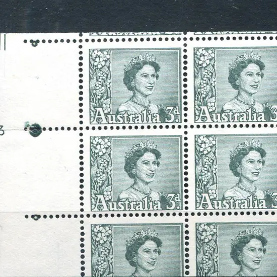 1959 3d blue-green QEII in left selvedge Plate No. ...