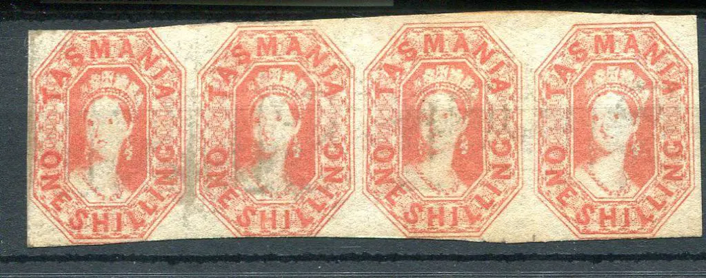 1858 1/- vermilion strip of 4 imperfs with "Tas H1 ... Image 1++