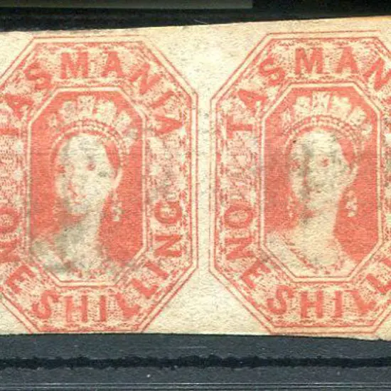 1858 1/- vermilion strip of 4 imperfs with "Tas H1 ...