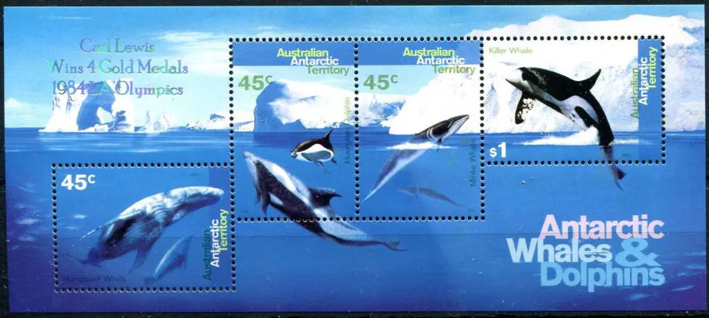 1995 Whales & Dolphins M/S's ovptd "Carl Lewis ... Image 1++
