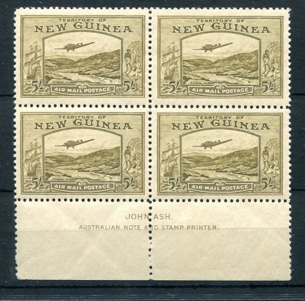 1939 5/- Bulolo Goldfield John Ash imprint block ... Image 1++