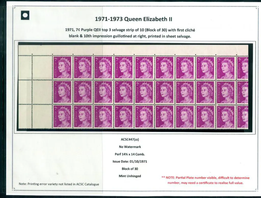 1971 7c purple QEII top selvedge block of 30 with ... Image 1++