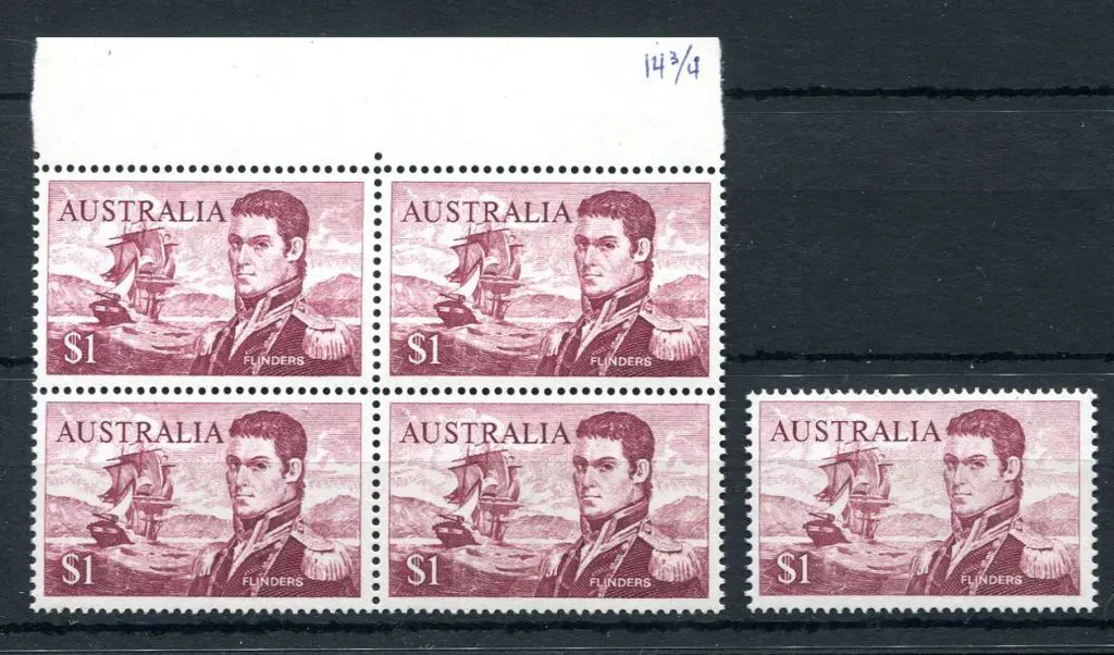 1966 $1 Flinders perf. 14¾ in upper marginal block ... Image 1++