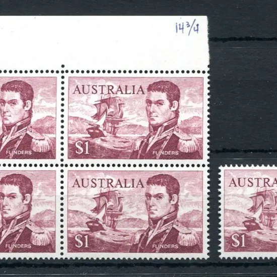1966 $1 Flinders perf. 14¾ in upper marginal block ...