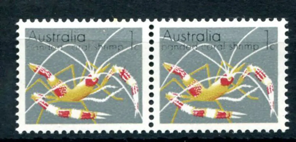 1973 1c Banded Coral Shrimp with partial missing ... Image 1++