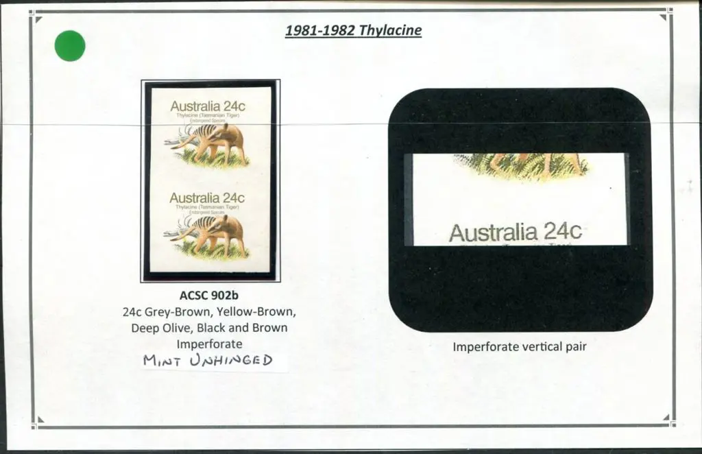 1982 24c Thylacine imperforate vert pair. Fresh ... Image 1++