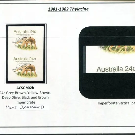 1982 24c Thylacine imperforate vert pair. Fresh ...