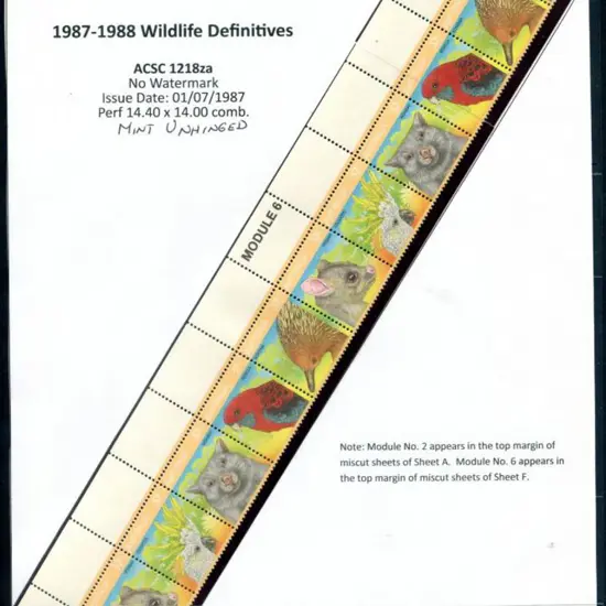 1987 37c Wildlife top strip of 10 showing ''MODULE ...