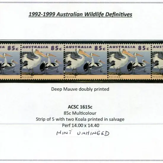 1994 85c Pelican horiz strip of 5 with a clear ...
