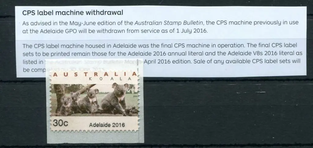 2016 30c Koala CPS stamp with "Adelaide 2016" ... Image 1++