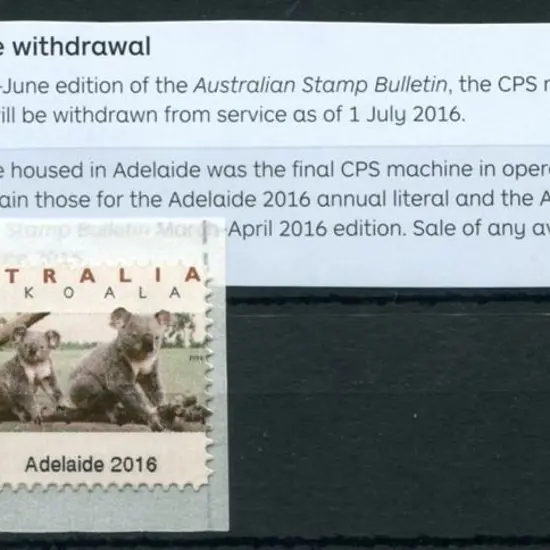2016 30c Koala CPS stamp with "Adelaide 2016" ...