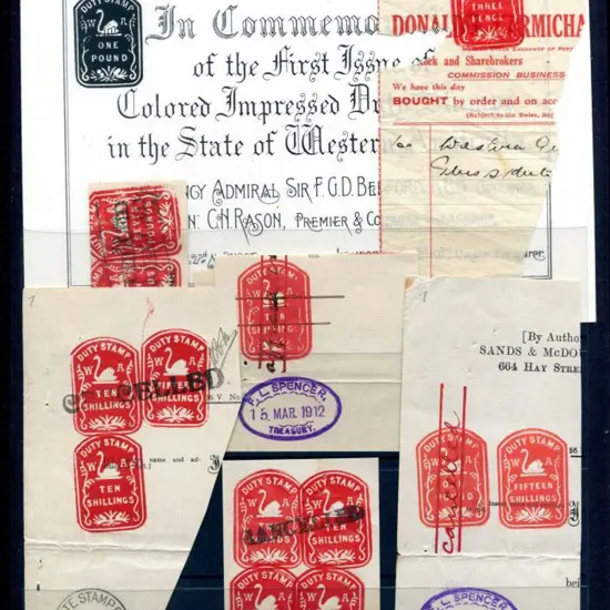 Embossed Duty Stamps 1911-1924 Group on 6 document ...