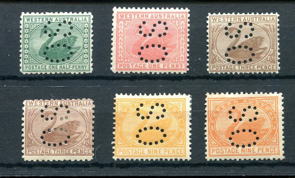 Perfins "OS" range on swans incl ½d green (ACSC ... Image 1++