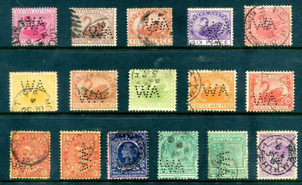 Perfins "WA" 1d to 10/- range of 16 with 2 perfin ... Image 1++