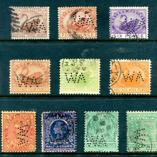 Perfins "WA" 1d to 10/- range of 16 with 2 perfin ...