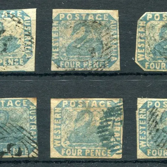 1854 4d blue swans x 6 with mixed margins from ...
