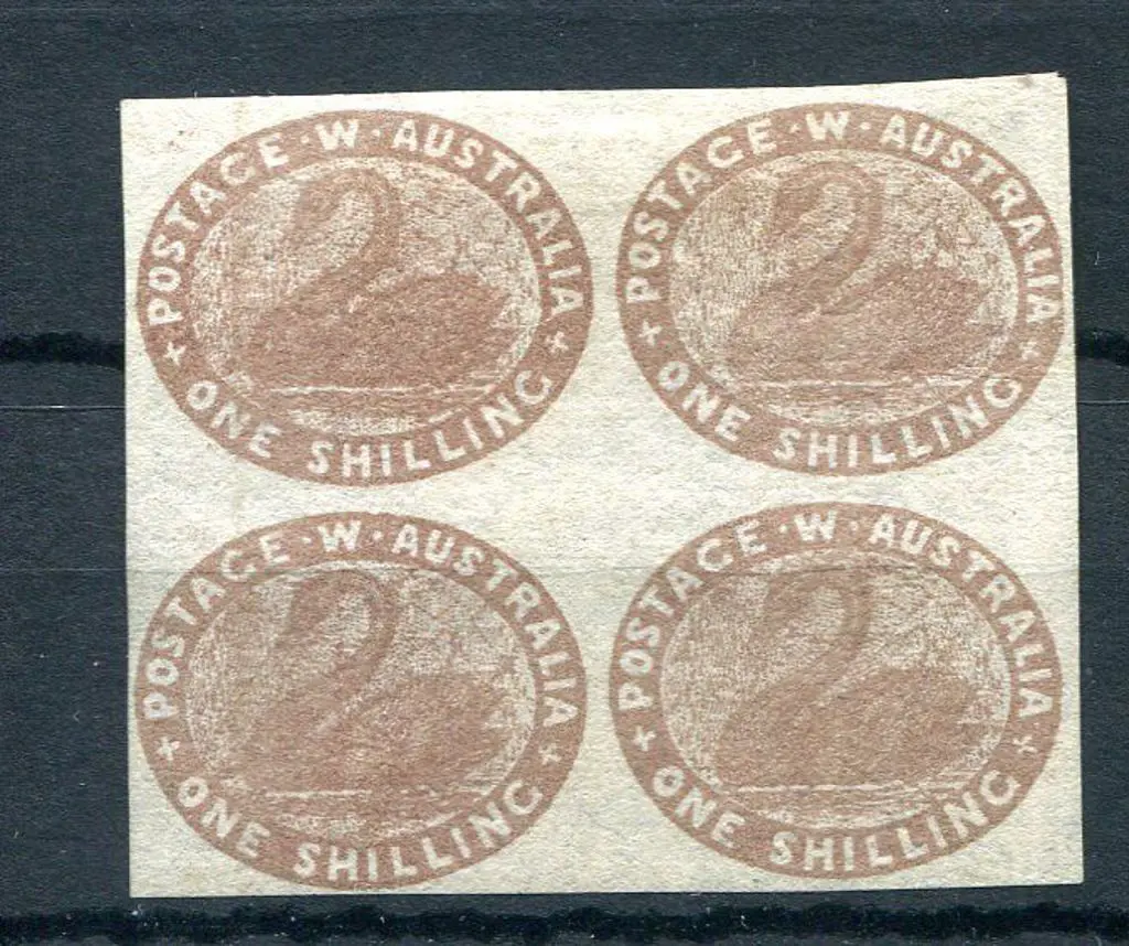 1855 1/- pale brown block of 4 with close to large ... Image 1++