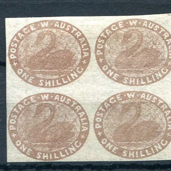1855 1/- pale brown block of 4 with close to large ...