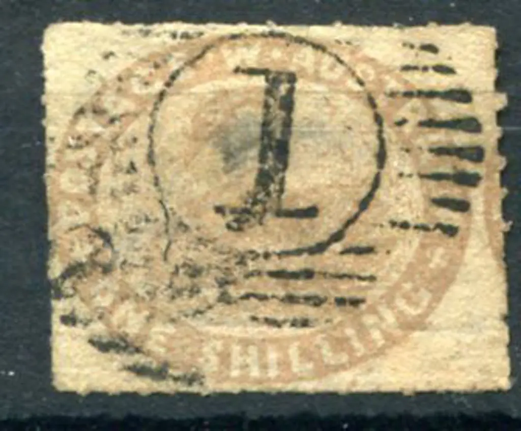 1854 1/- pale brown rouletted with BN "1" neatly ... Image 1++