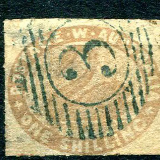 1855 1/- pale brown rouletted on 4 sides. Repaired ...