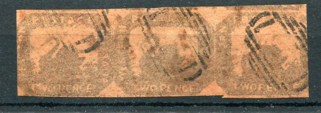 1858 2d brown-black/red. Fine used strip of 3 with ... Image 1++