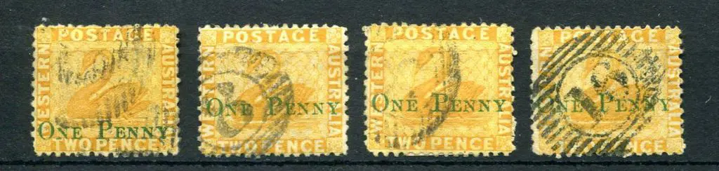 1874 "ONE PENNY" surcharges on 2d yellows x 4. All ... Image 1++