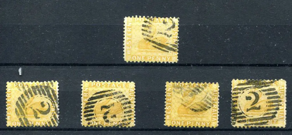 1883 1d yellow-ochre, perf 12 x 14. Fine used x 5, ... Image 1++