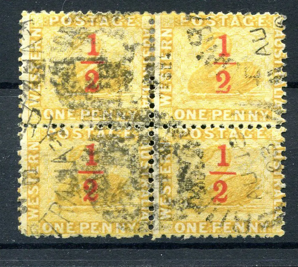 1884 "½" surcharge in red on 1d yellow-ochre block ... Image 1++