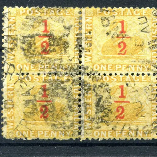 1884 "½" surcharge in red on 1d yellow-ochre block ...
