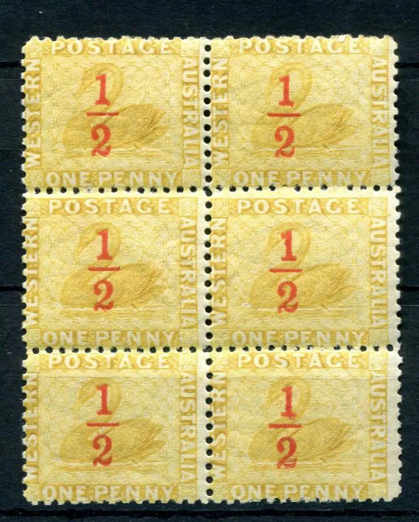 1884 ½d on 1d yellow-ochre, perf. 12 block of 6 ... Image 1++