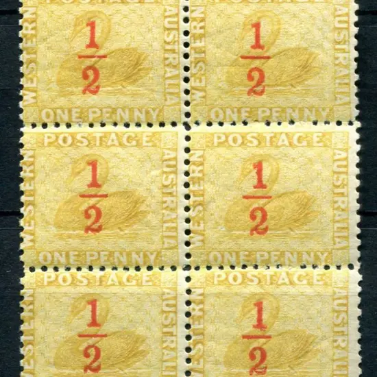1884 ½d on 1d yellow-ochre, perf. 12 block of 6 ...