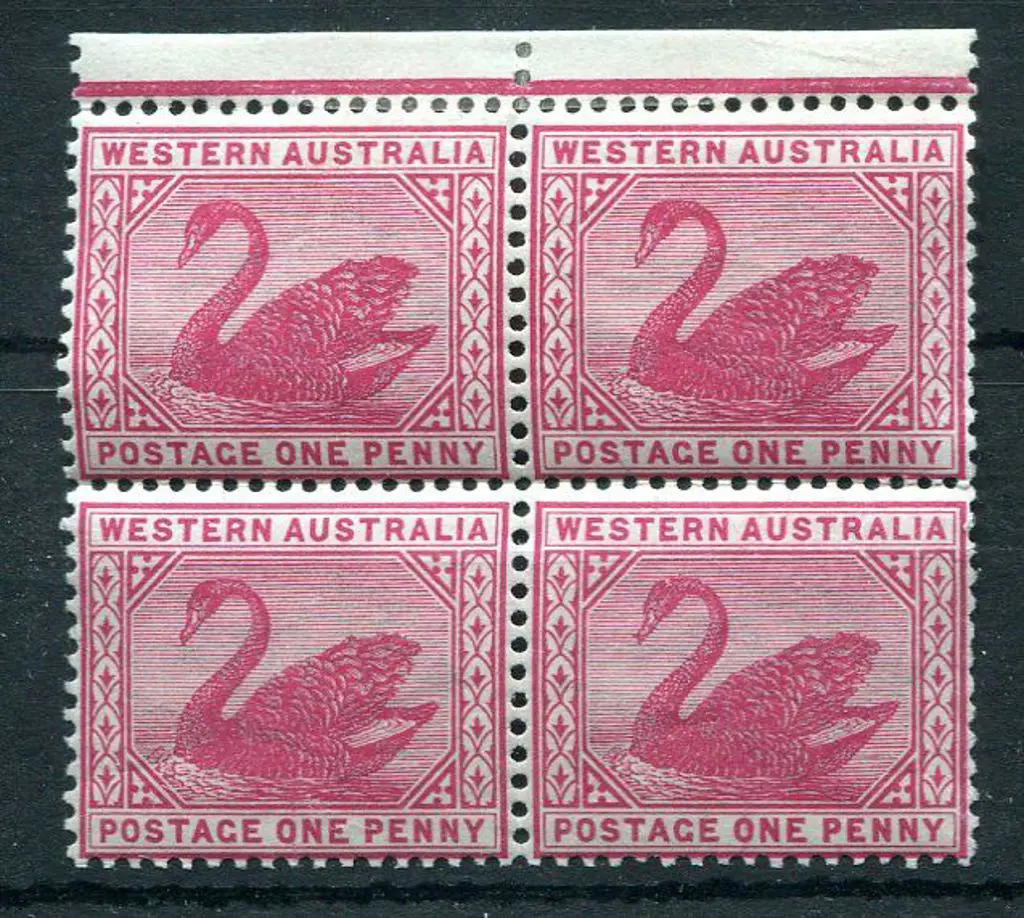 1885/93 1d carmine in top selvedge block of 4. MLH ... Image 1++