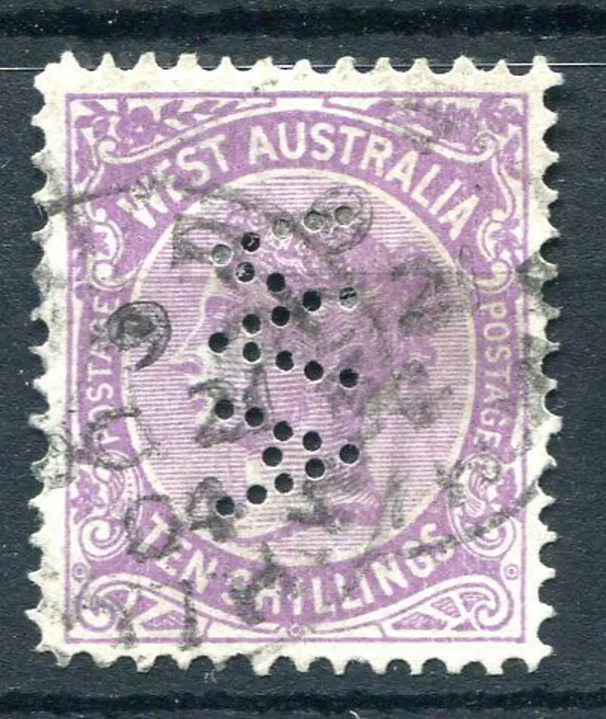 1902 10/- deep mauve perfined "WA" reading down. ... Image 1++