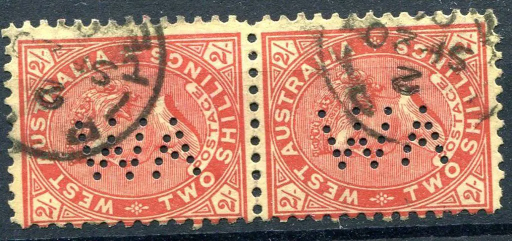 1902 2/- bright red/yellow, perf. 11 vertical pair ... Image 1++