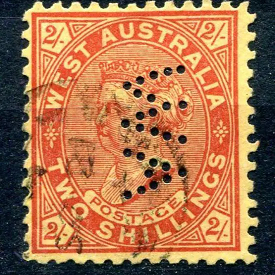 1902 2/- bright red/yellow with "WA" perfin ...