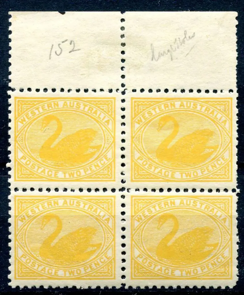 1905 2d yellow, perf. 11 in top selvedge block of ... Image 1++